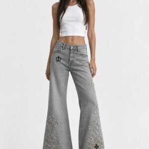 Y2K Grunge Cross Patchwork Flare Jeans. Women Gothic Wide Leg Denim Pants