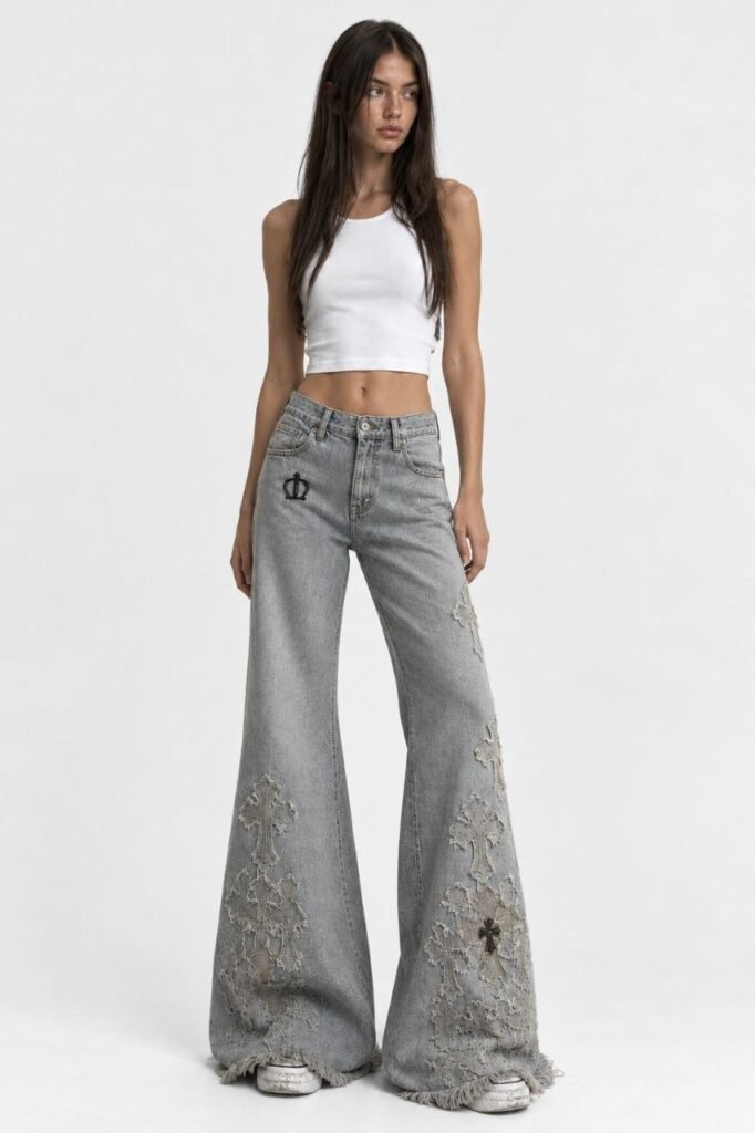 Y2K Grunge Cross Patchwork Flare Jeans. Women Gothic Wide Leg Denim Pants